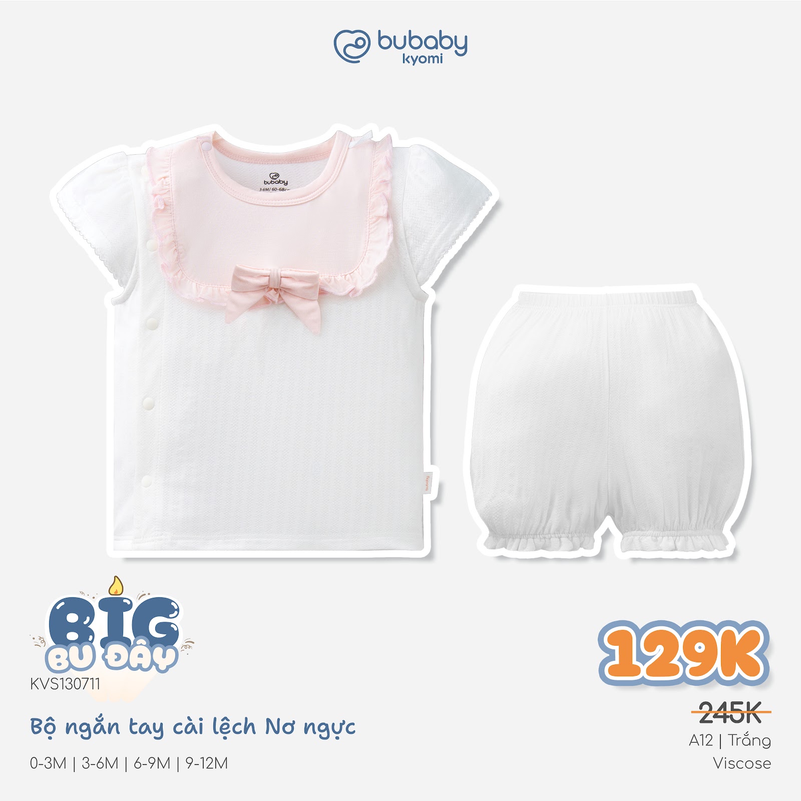 (0-12M) Bộ quần áo ngắn tay cài lệchbé trai bé gái mềm mát vải co giãn - KVS130| BU Baby chính hãng