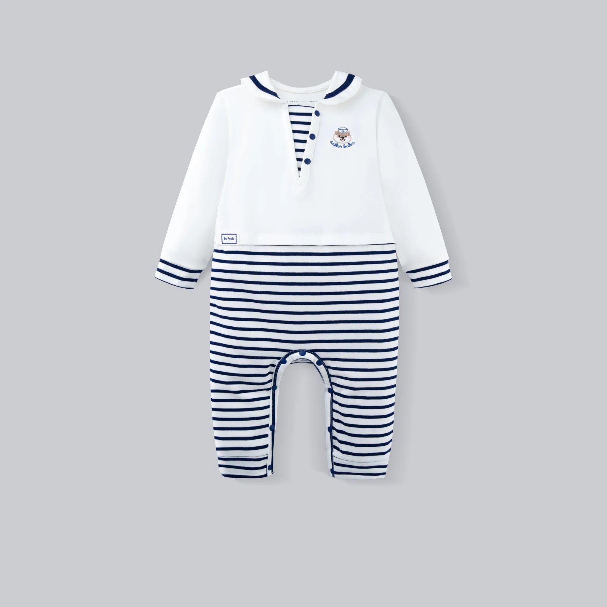 (0-12M) Body dài tay Bubaby cổ thủy thủ BuBu Cotton, bộ liên dài tay phong cách hàn quốc | PCT215300
