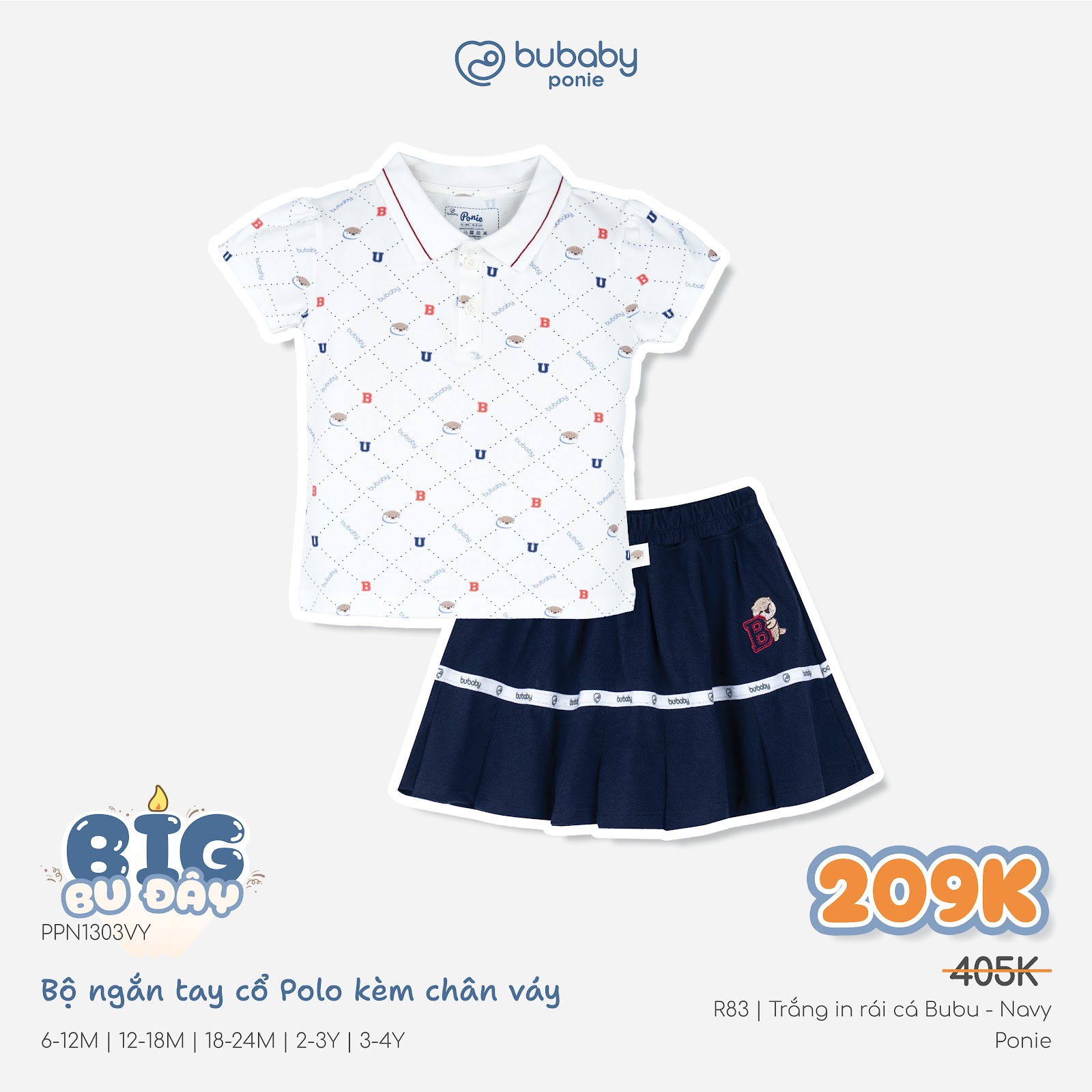 (12M-5Y) Bộ ngắn tay cổ Polo kèm chân váy cao cấp mềm mát thời trang hè cho bé Bubaby Ponie PPN1303