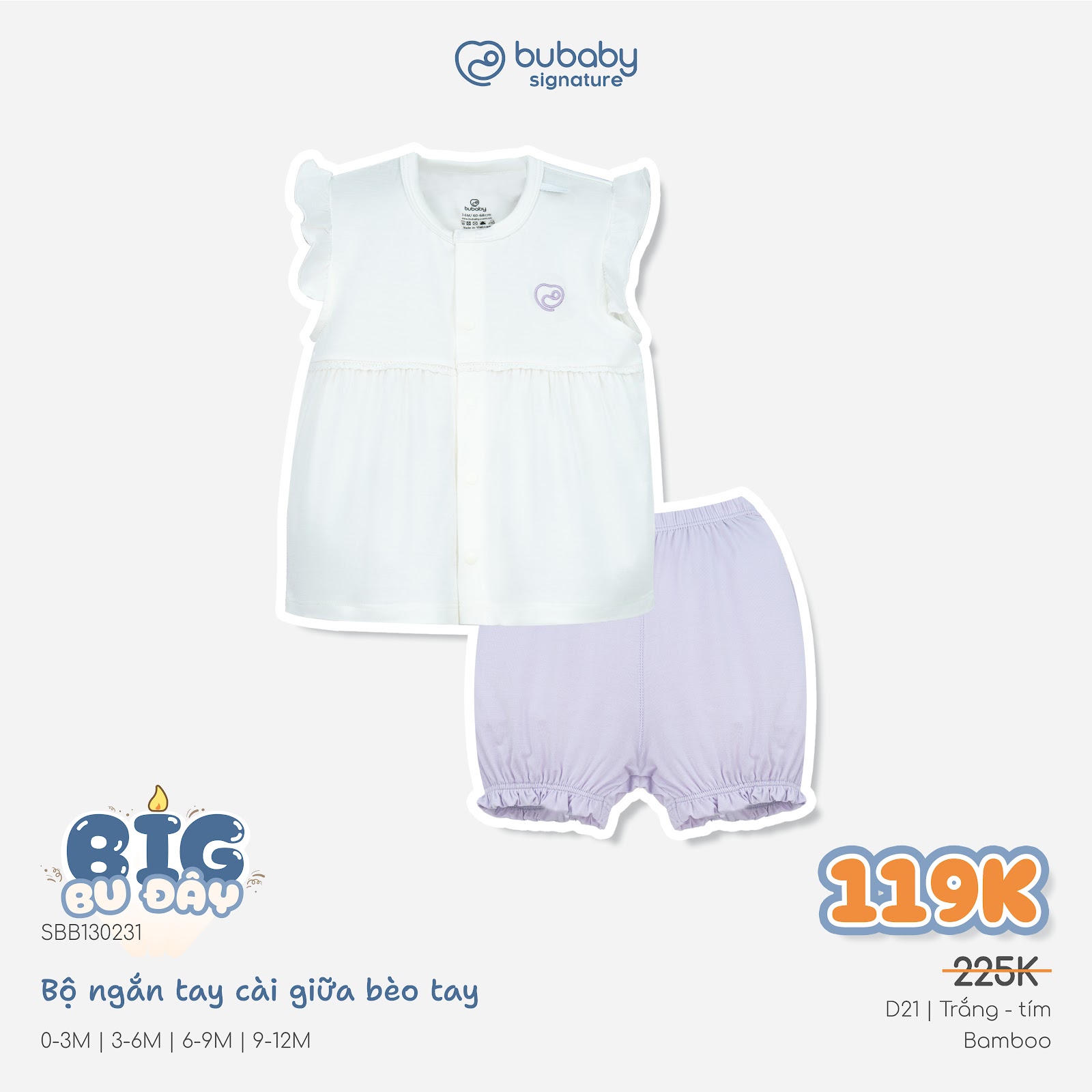 (0-12M) Bộ quần áo ngắn tay cài giữa phối đáp cổ mềm mát vải sợi tre - BB130234 | BU Baby chính hãng
