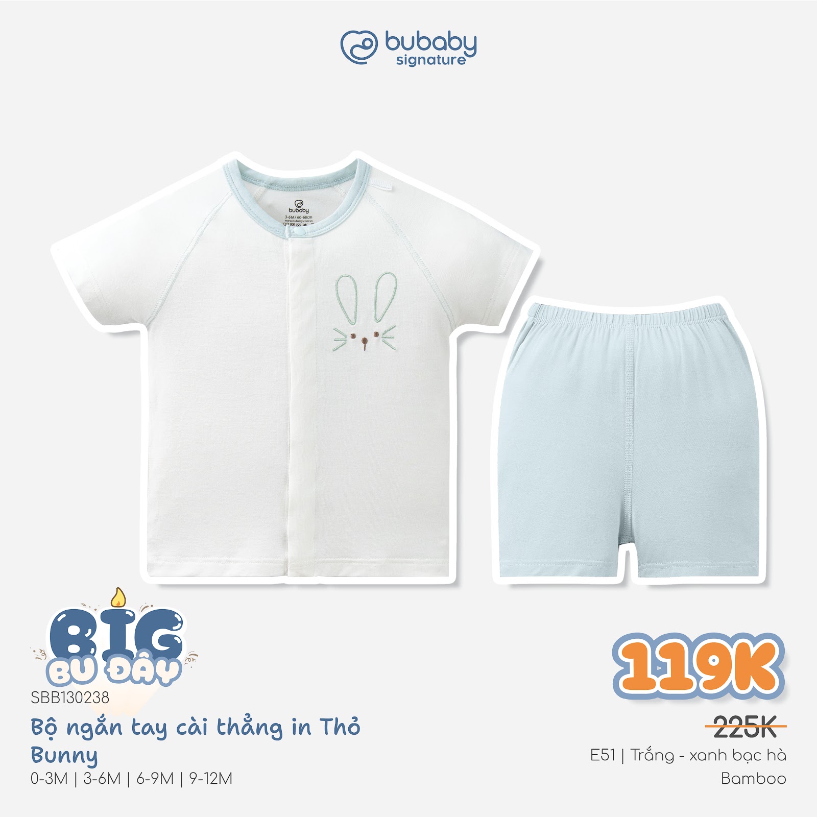 (0M-12M) Bộ ngắn tay cài thẳng in Thỏ Bunny | Quần áo sơ sinh cao cấp mềm mại | SBB130238