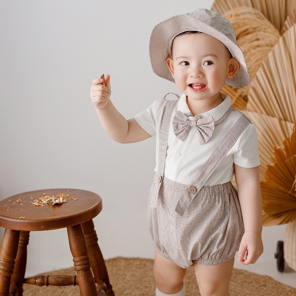 BU Baby Set quần yếm kèm áo ngắn tay bé trai kè nơ cổ cho bé từ 6 tháng đến 2 tuổi - BCT6332NC | Quần áo Bu Baby