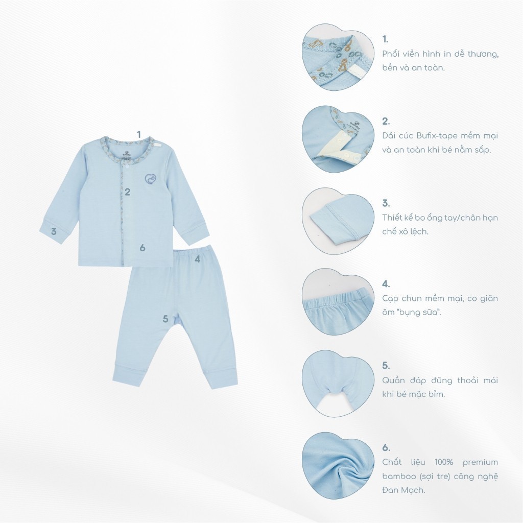 BU Baby Bộ dài tay cài giữa Iconic sợi tre co giãn thoải mái thuận tiện cho bé BBB1102NS | Bu Baby Chính Hãng