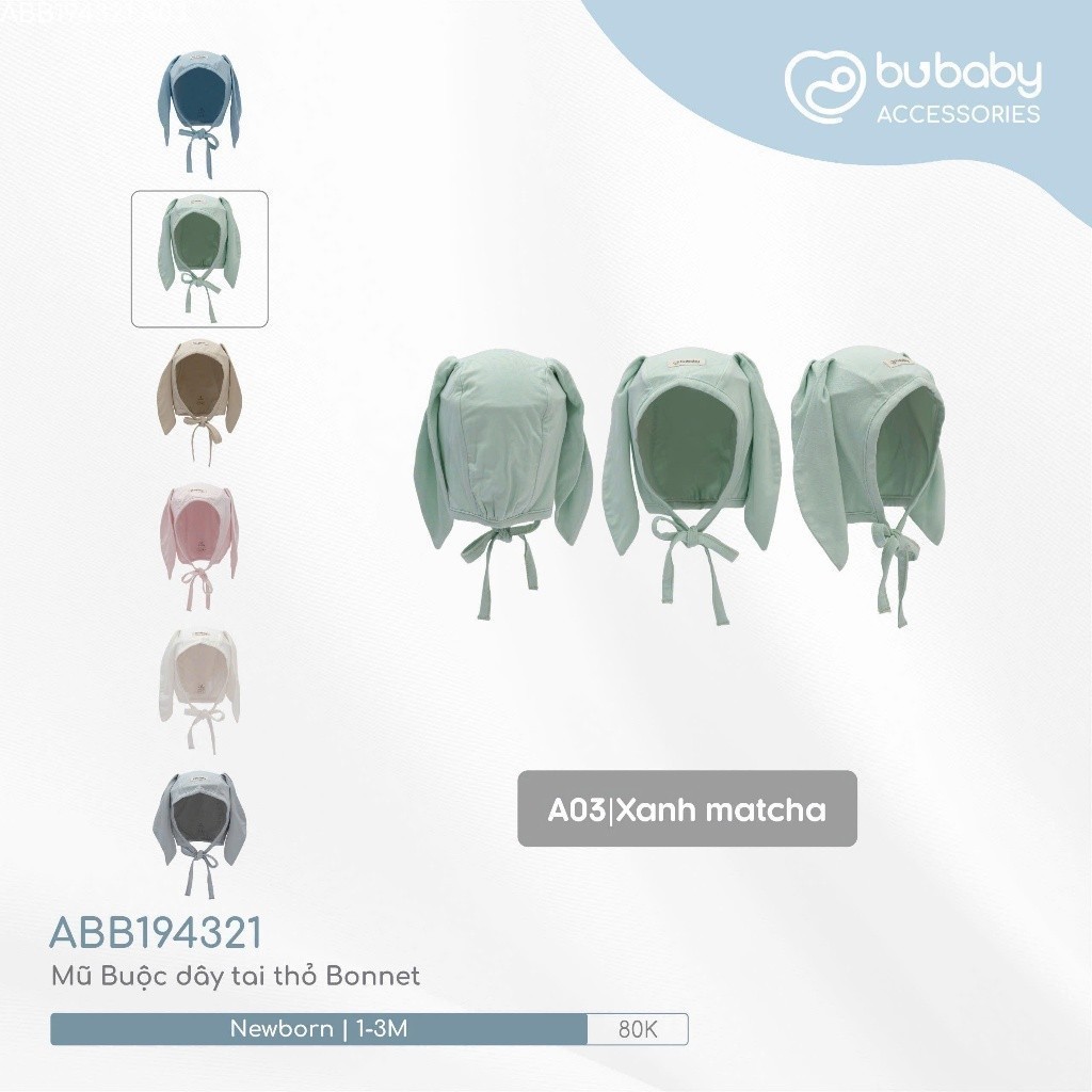 (NB-3M) Mũ buộc dây tai thỏ Bonet Bu Baby chất sợi tre mềm mại ABB194321 - Bubaby sơ sinh - Mũ Bubaby