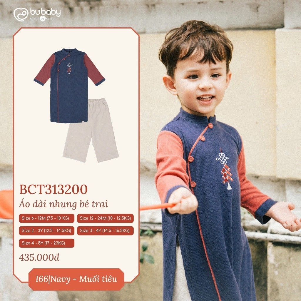 (6M-5Y) Set đồ Tết cao cấp BU Baby - Áo dài thiết kế thêu kèm quần Bubaby cho bé trai bé gái sang trọng sành điệu