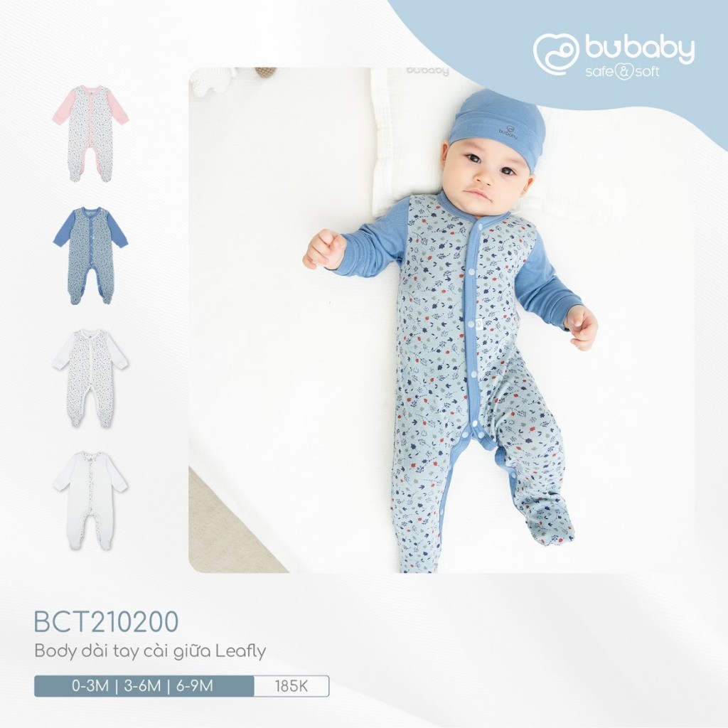 (0M-9M) Body dài tay cài giữa Leafly - Bubaby Pure Cotton BCT210200 | Quần áo BU Baby chính hãng