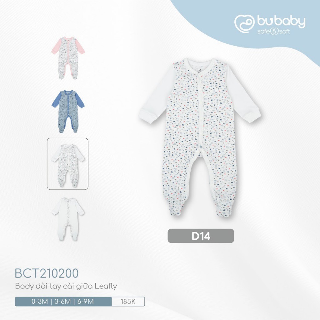 (0M-9M) Body dài tay cài giữa Leafly - Bubaby Pure Cotton BCT210200 | Quần áo BU Baby chính hãng
