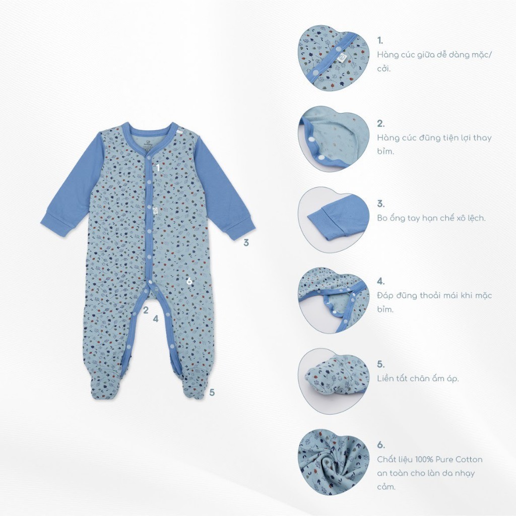 (0M-9M) Body dài tay cài giữa Leafly - Bubaby Pure Cotton BCT210200 | Quần áo BU Baby chính hãng