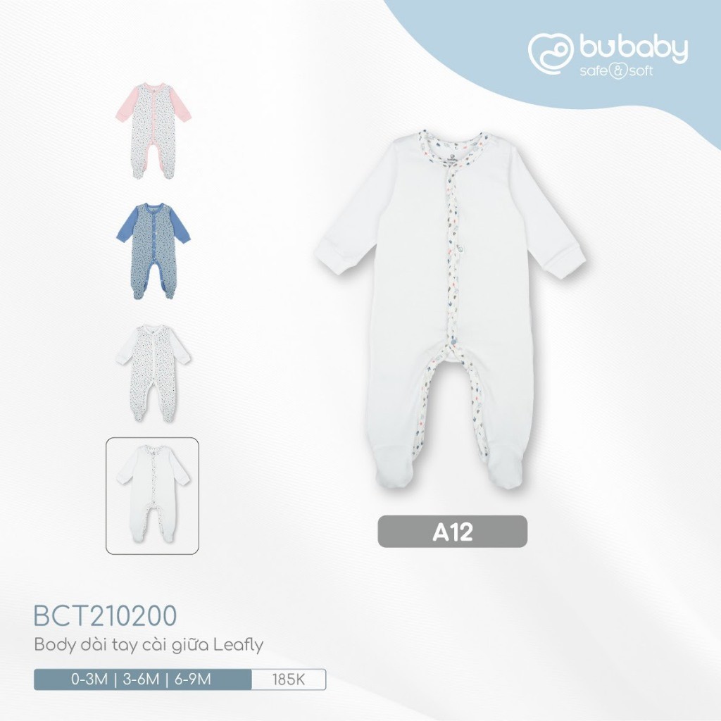 (0M-9M) Body dài tay cài giữa Leafly - Bubaby Pure Cotton BCT210200 | Quần áo BU Baby chính hãng