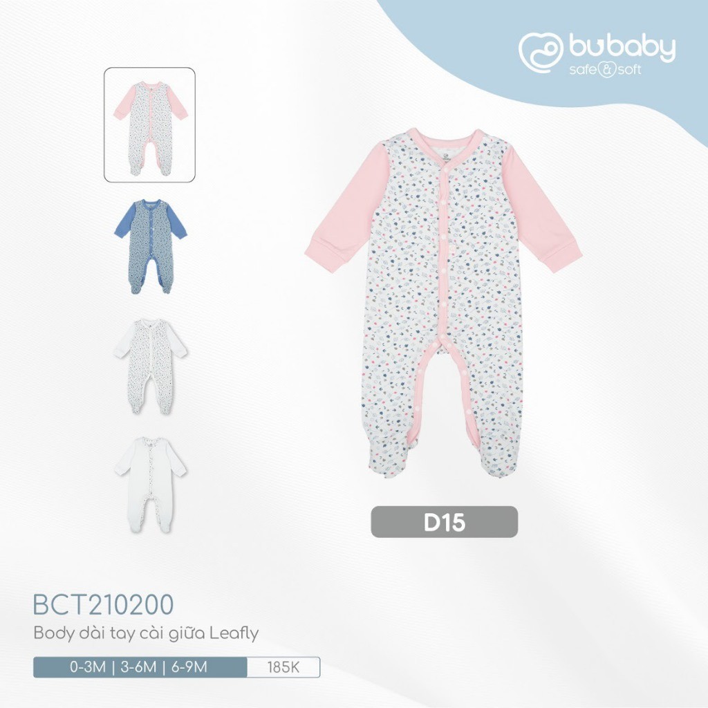 (0M-9M) Body dài tay cài giữa Leafly - Bubaby Pure Cotton BCT210200 | Quần áo BU Baby chính hãng