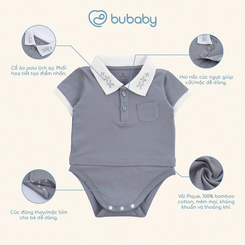 (3M-12M) Bodychip ngắn tay cổ Polo cho bé trai bé gái Bubaby Ponie - BPN230303 | Body BU Baby chính hãng