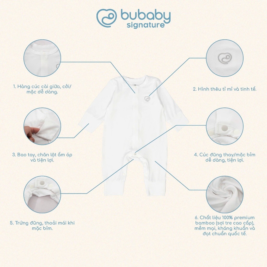 (NB-3M) Body dài tay cài giữa Bao tay chân lật Bambus - BBB210208 BBB210211 | Quần áo BU Baby chính hãng