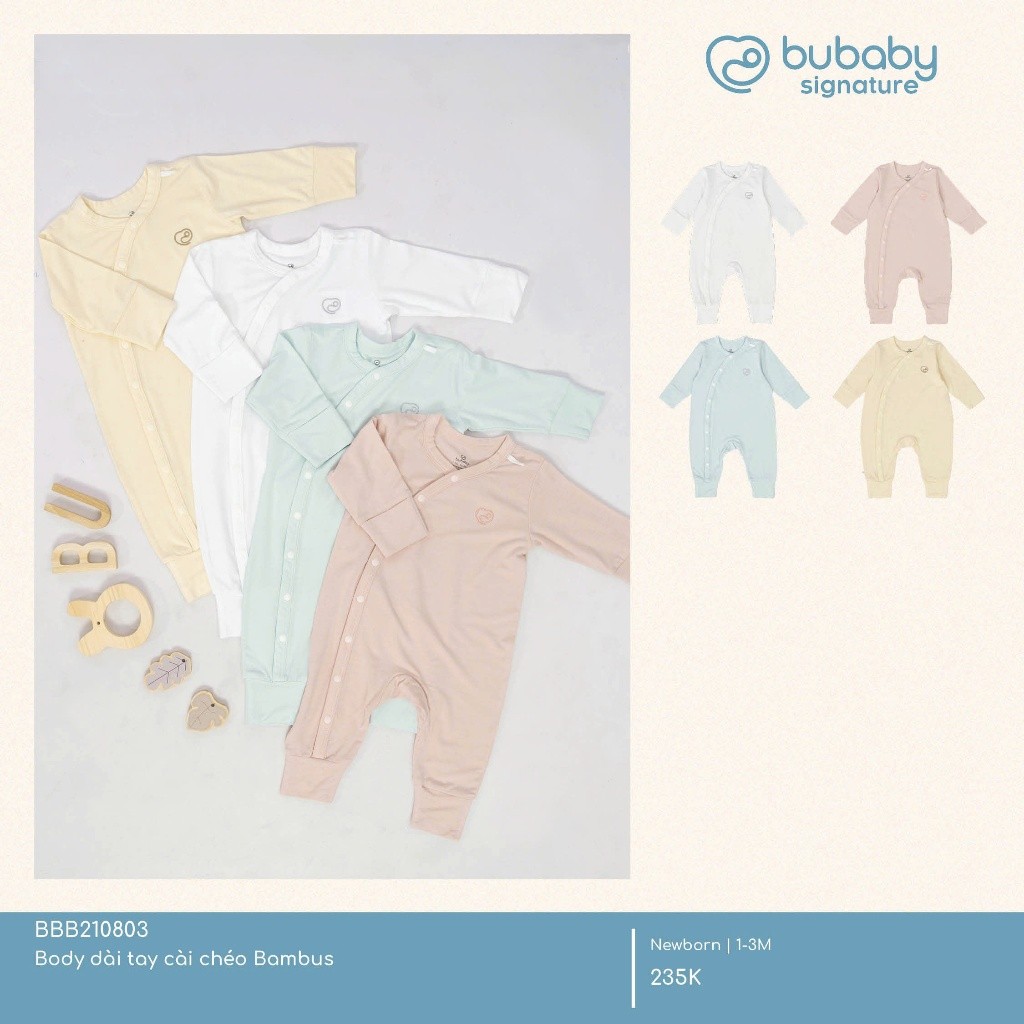 (NB-3M) Body dài tay cài chéo bao tay chân lật Bambus - BBB210803 BBB210805 | Quần áo chính hãng BU Baby