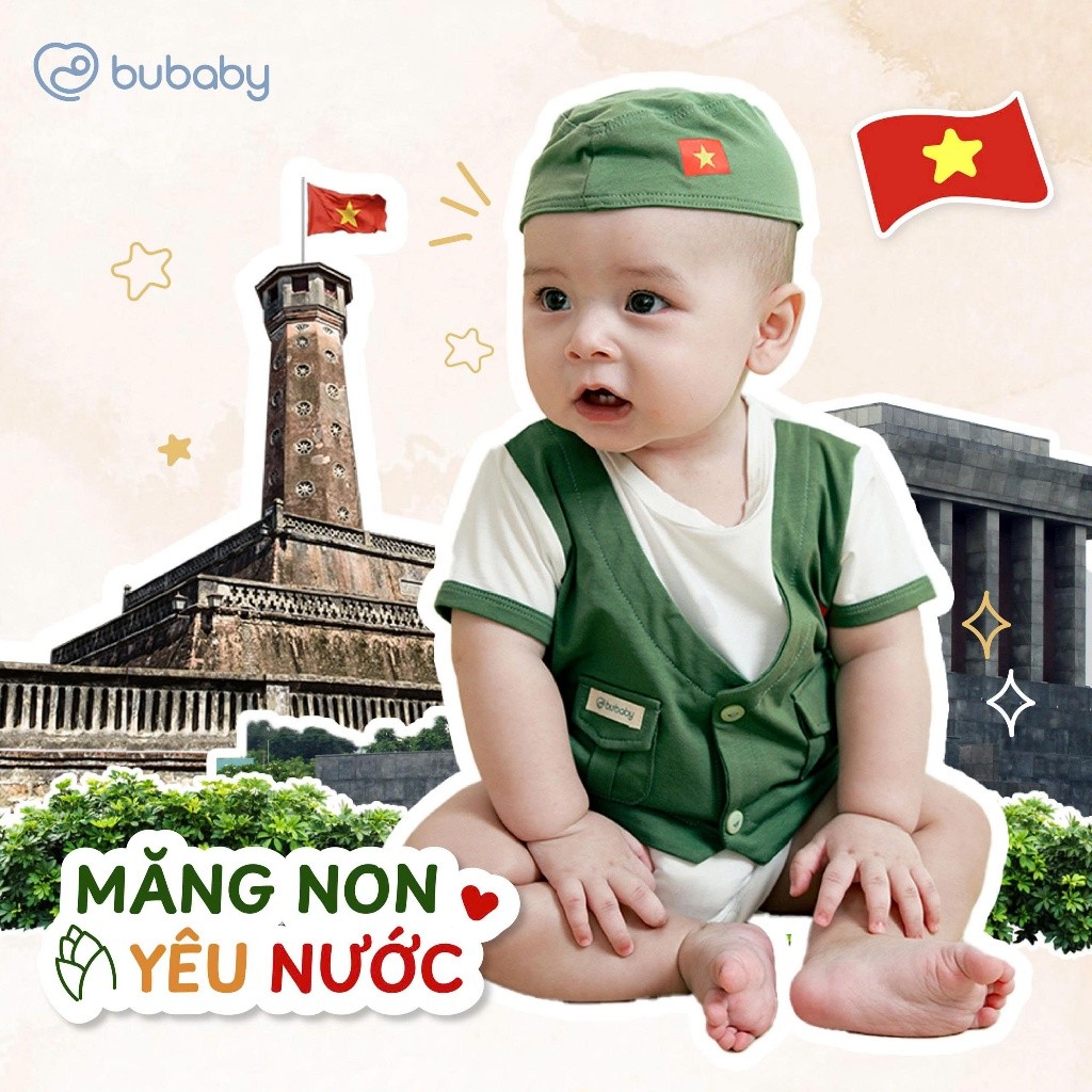 (1M-12M) Body Chip ngắn tay kèm mũ Bubaby măng non yêu nước Bambus - BBB2300KM | Quần áo chính hãng