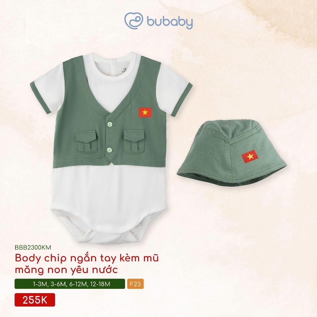 (1M-12M) Body Chip ngắn tay kèm mũ Bubaby măng non yêu nước Bambus - BBB2300KM | Quần áo chính hãng
