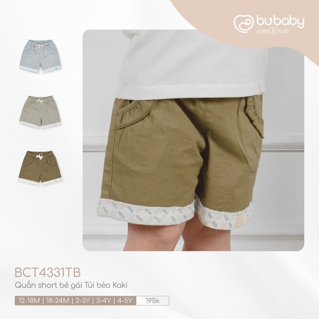 (12M-5Y) Quần short, Quần đùi túi bèo Kaki cho bé gái - BCT4331TB | Quần áo BU Baby chính hãng