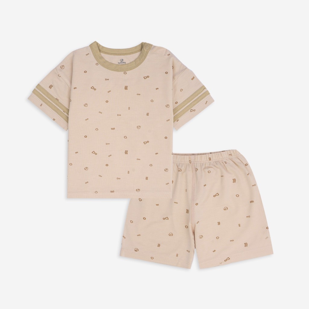 (6M-5Y) Bộ Ngắn Tay Cài Vai Bubaby Phối Tay Bambus Signature -  BBB130108 | Quần áo BU Baby chính hãng