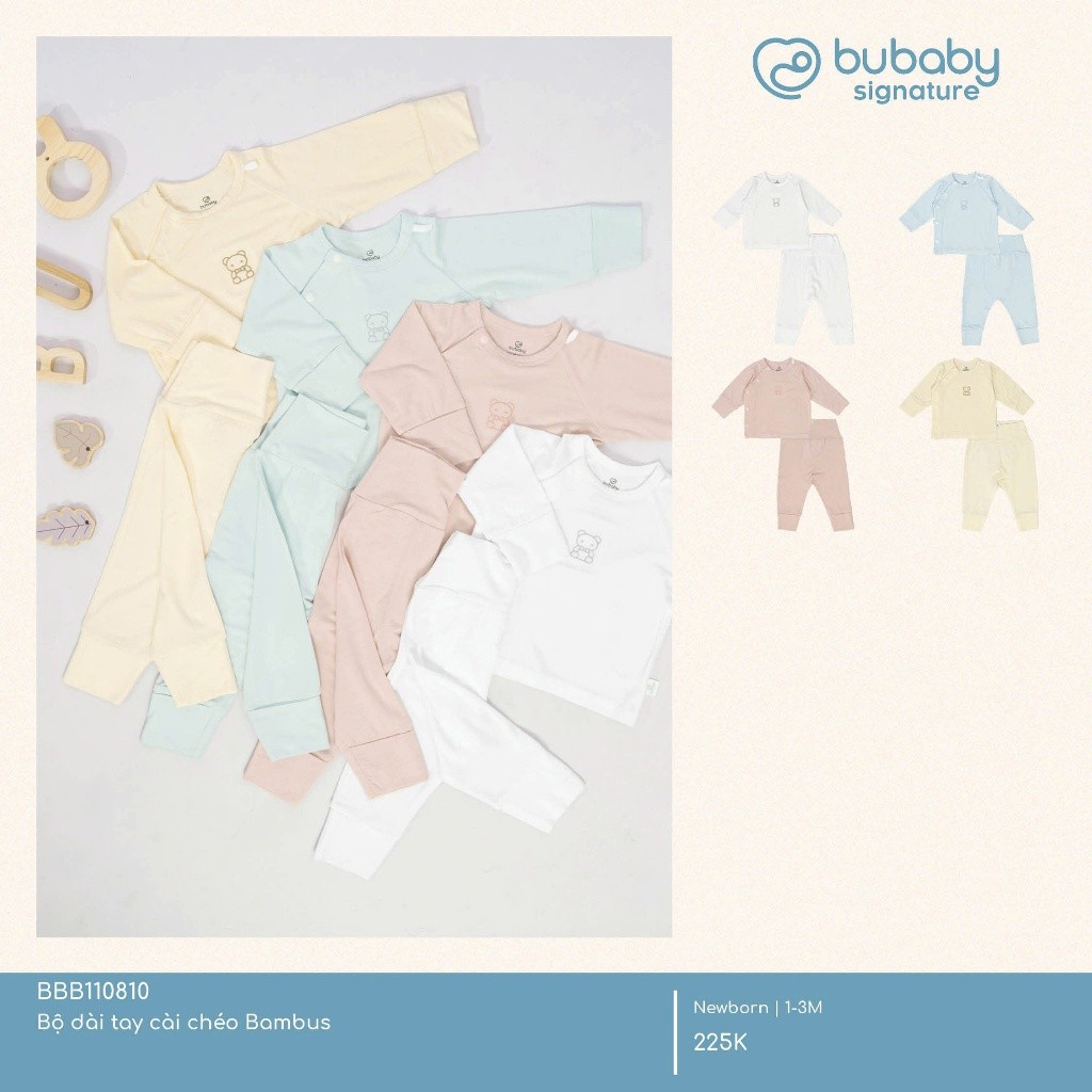 (NB-3M) Bộ dài tay cài chéo BU Baby Bambus cho bé trai bé gái | Quần áo Bubaby chính hãng
