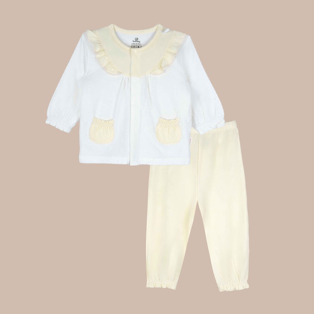 BU Baby (0M-12M) Set dài tay cài giữa, bèo đáp ngực BU Viscose Cotton KVC110200 | Hàng chính hãng