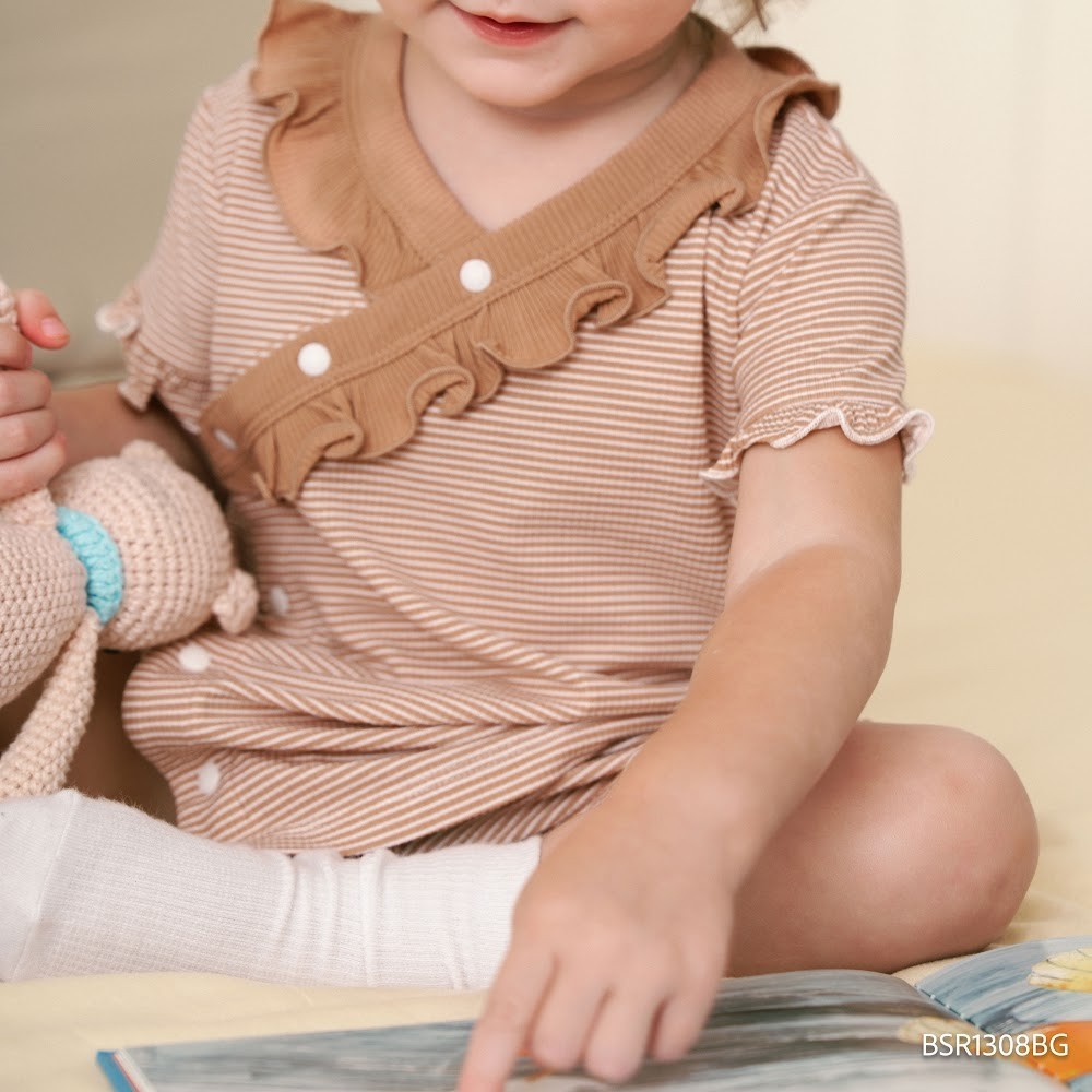 (6M-18M) Bộ ngắn tay cài chéo Pijama mặc ở nhà, đồ ngủ bé gái BU Baby BSR1308BG| Quần áo bubaby chính hãng