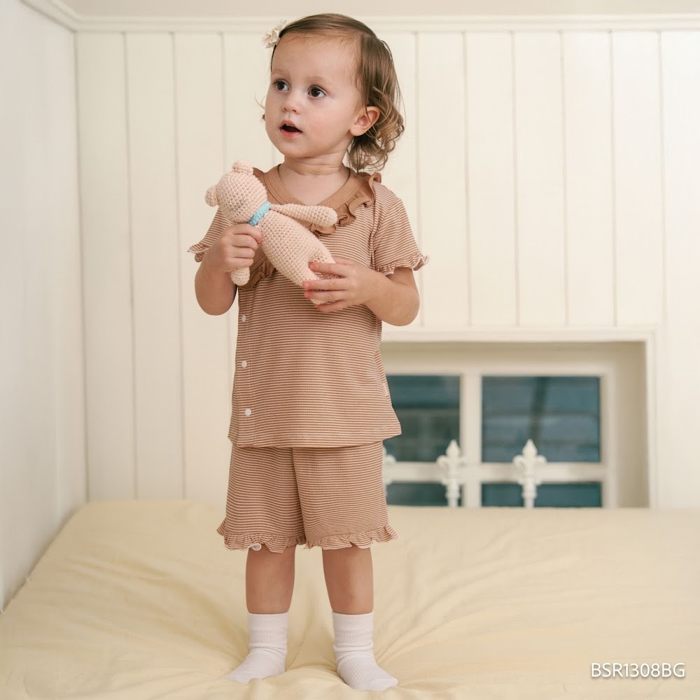 (6M-18M) Bộ ngắn tay cài chéo Pijama mặc ở nhà, đồ ngủ bé gái BU Baby BSR1308BG| Quần áo bubaby chính hãng
