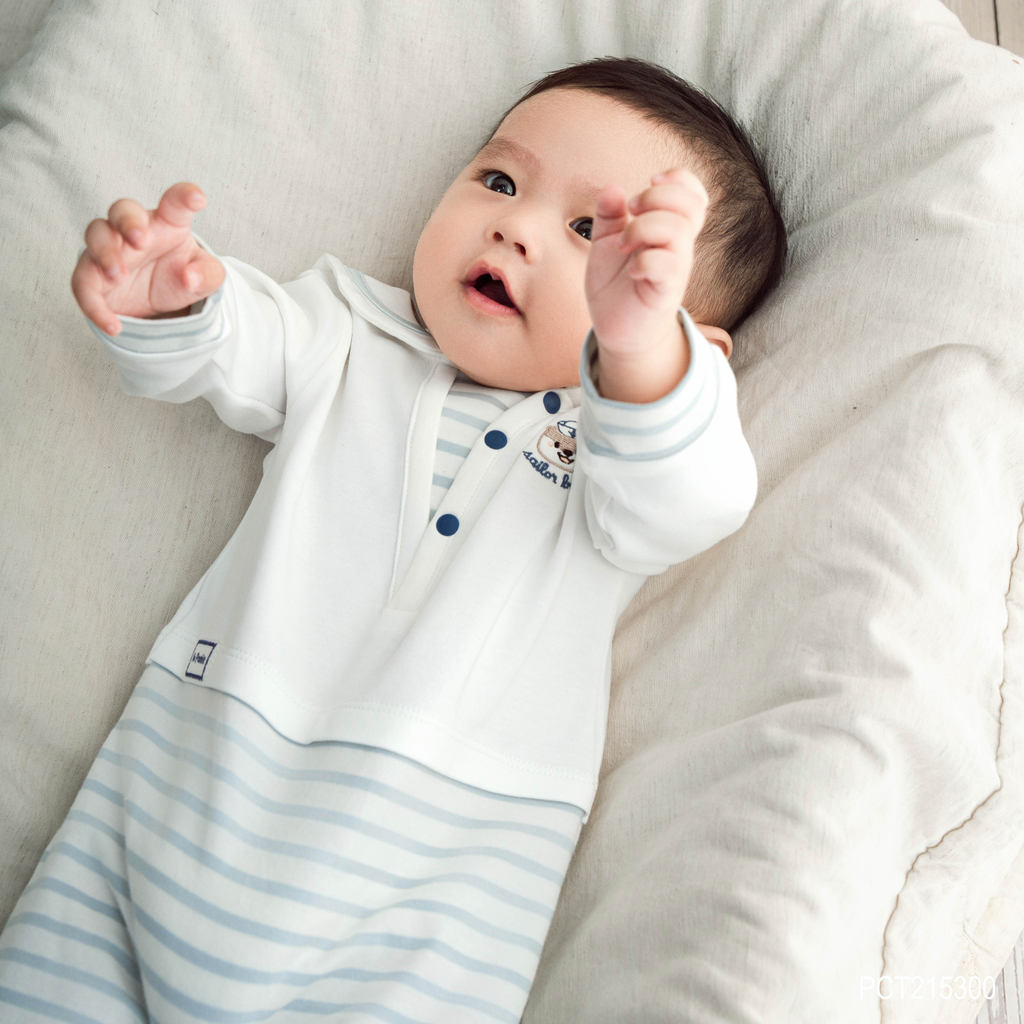(0-12M) Body dài tay Bubaby cổ thủy thủ BuBu Cotton, bộ liên dài tay phong cách hàn quốc | PCT215300