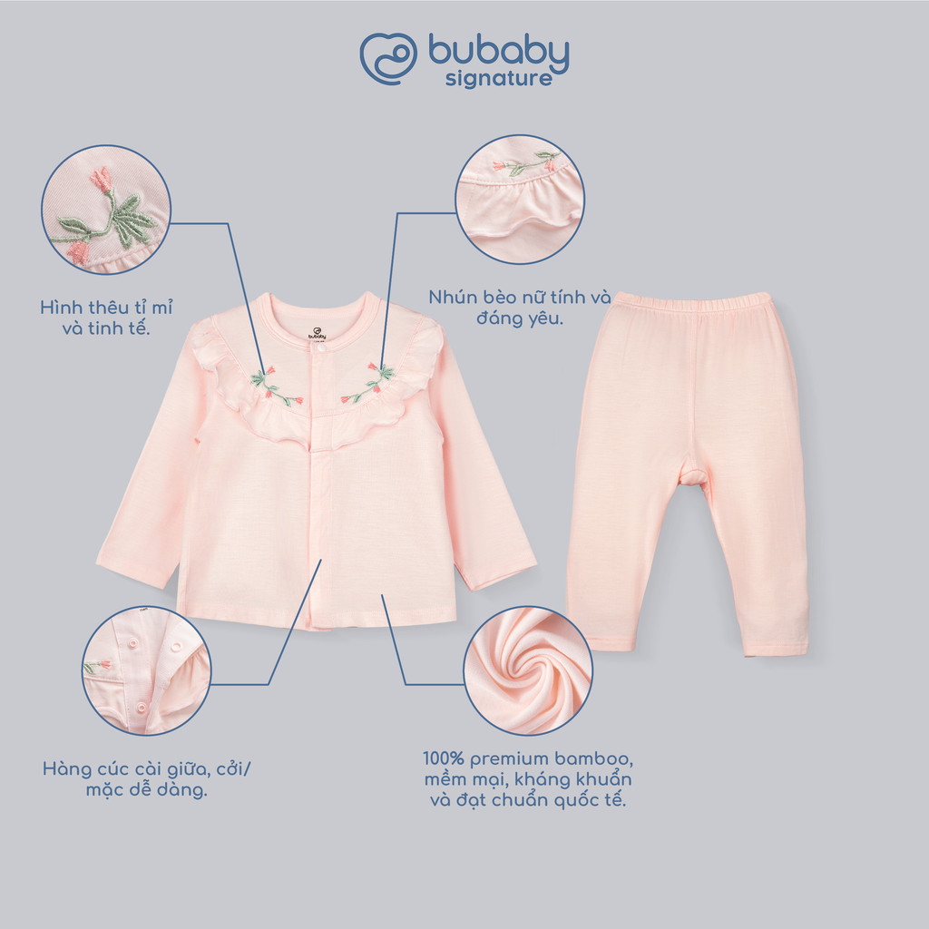 (1-12M) Bộ quần áo dài tay thêu hoa Bubaby, bộ dài tay trẻ em, bộ dài tay bé gái Bambus SBB1102EU