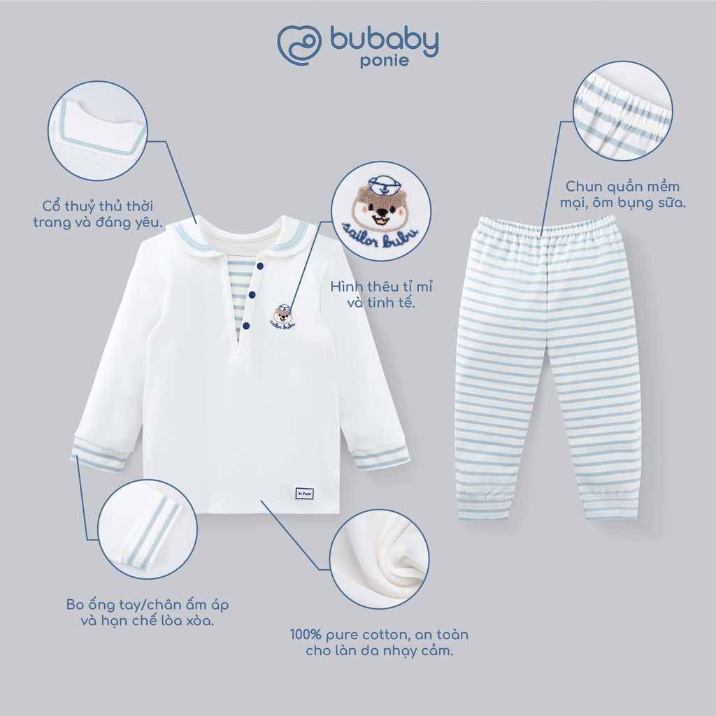 (6M-5Y) Bộ quần áo Bubaby thủy thủ dài tay BuBu cho bé trai bé gái BU Baby Cotton PCT115300