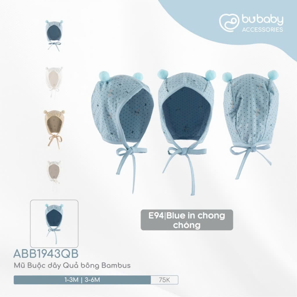 BU Baby (0-12M) Mũ Buộc dây Quả bông ABC1943QB Muda cho bé trai, bé gái  sơ sinh - Bamco  - Mũ bu baby - Mũ Bu sơ sinh