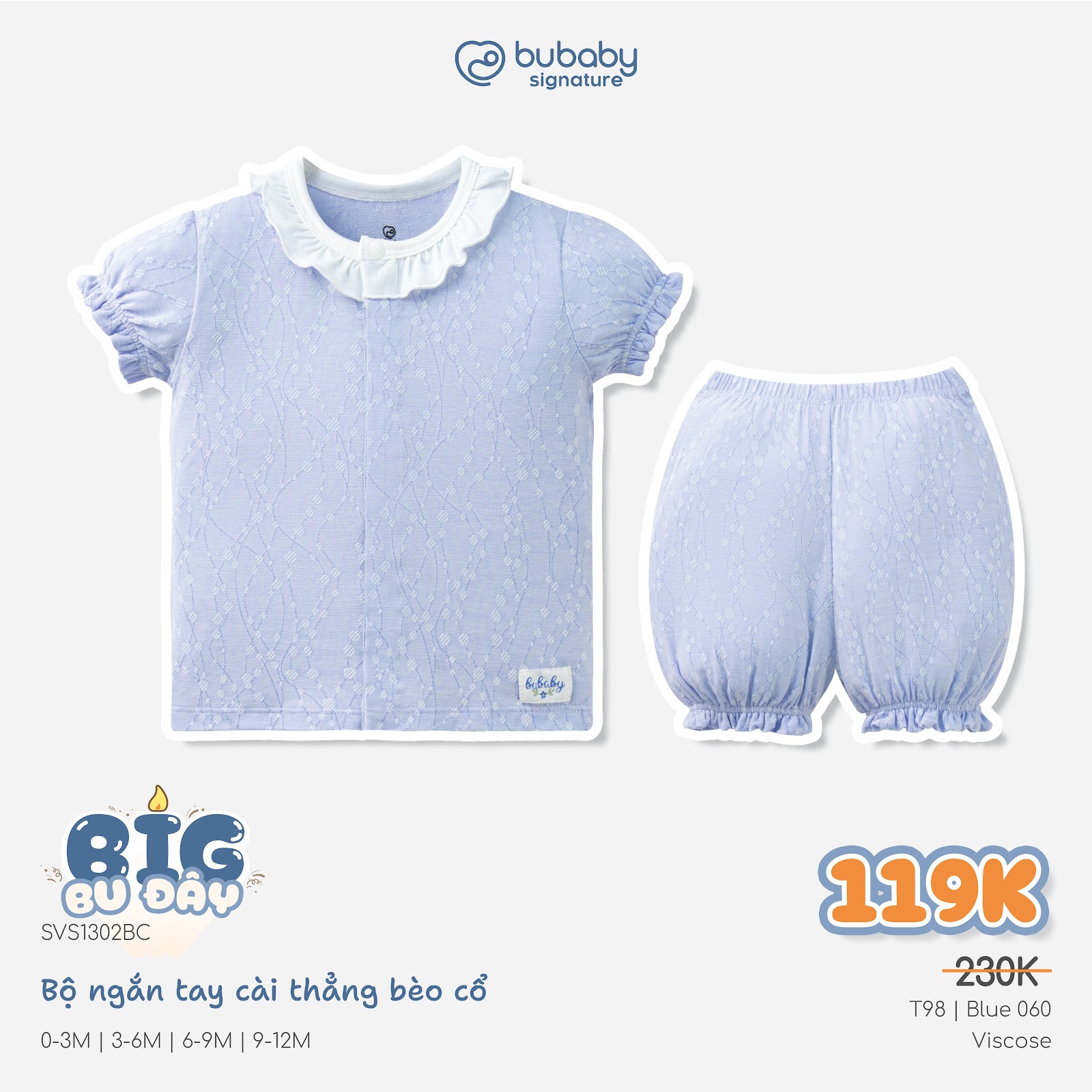 (0-12M) Bộ quần áo ngắn tay cài giữa phối đáp cổ mềm mát vải sợi tre - BB130234 | BU Baby chính hãng