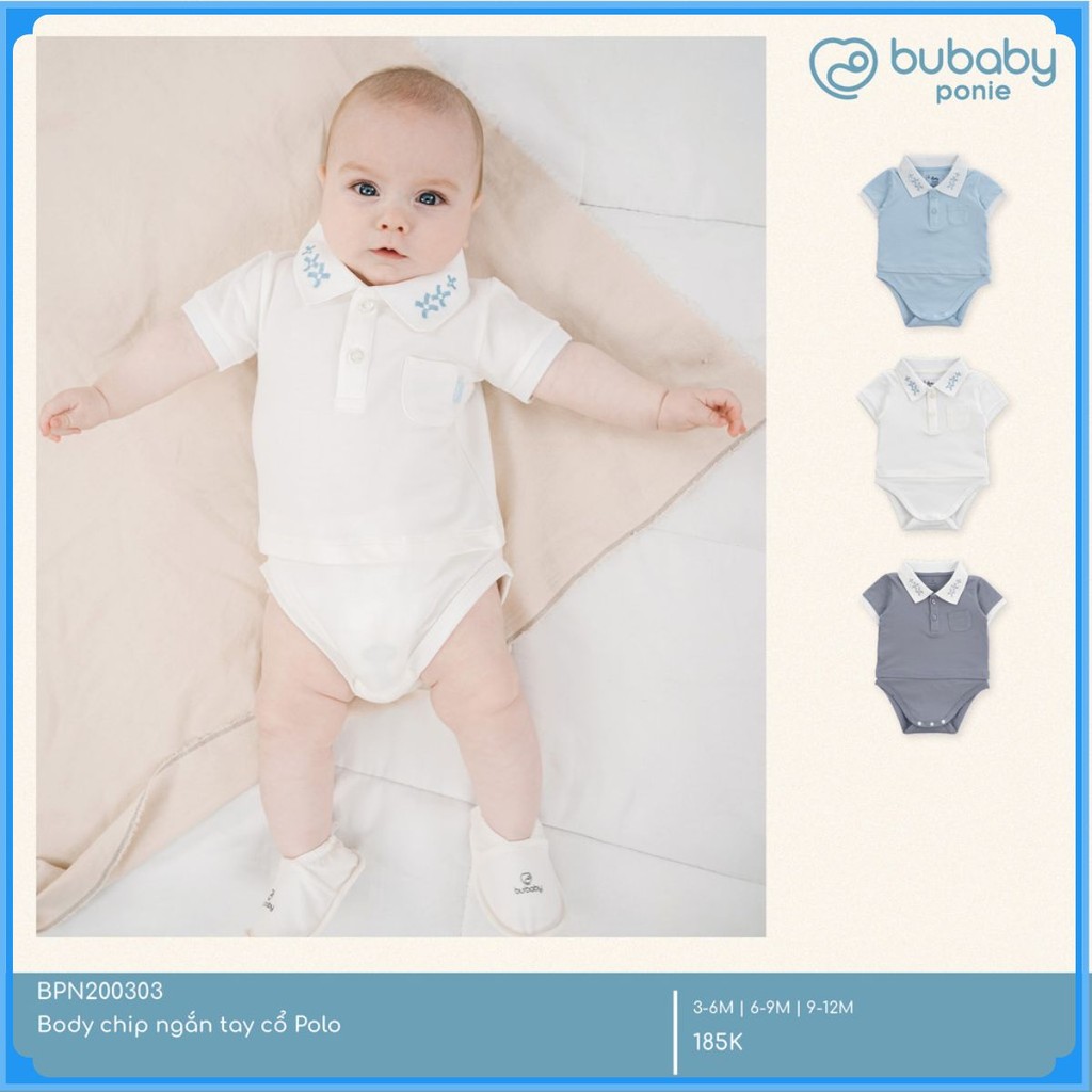(3M-12M) Bodychip ngắn tay cổ Polo cho bé trai bé gái Bubaby Ponie - BPN230303 | Body BU Baby chính hãng
