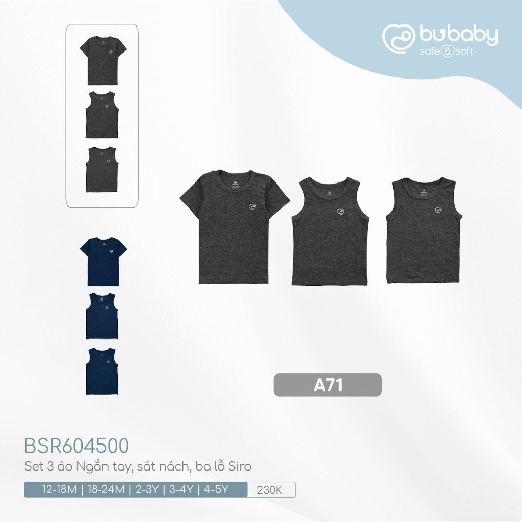 (1Y-5Y) BU Baby - Set 3 áo Ngắn tay, sát nách, ba lỗ Siro BSR604500 cho bé trai bé gái 1 đến 5 tuổi - BU Baby chính hãng