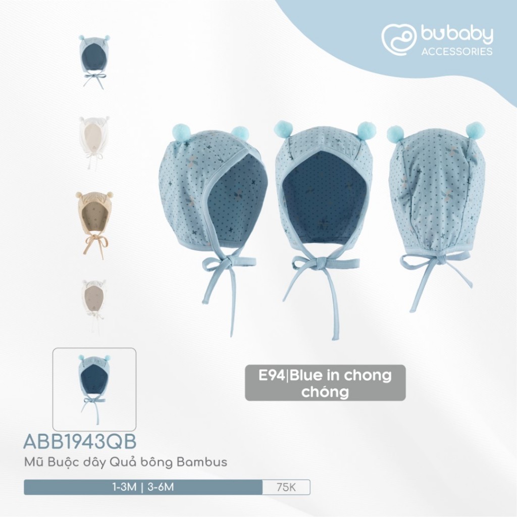 BU Baby (0-12M) Mũ Buộc dây Quả bông ABC1943QB Muda cho bé trai, bé gái  sơ sinh - Bamco  - Mũ bu baby - Mũ Bu sơ sinh