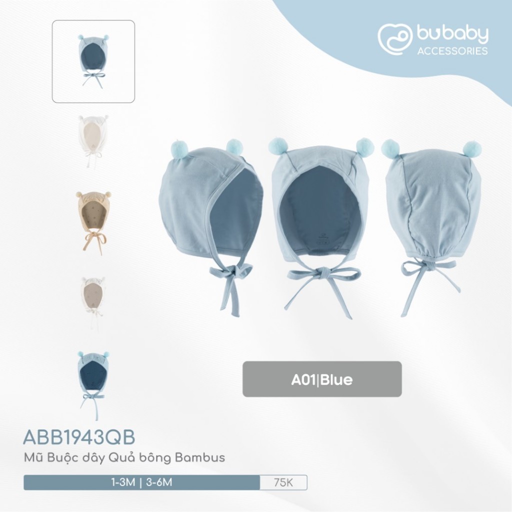 BU Baby (0-12M) Mũ Buộc dây Quả bông ABC1943QB Muda cho bé trai, bé gái  sơ sinh - Bamco  - Mũ bu baby - Mũ Bu sơ sinh