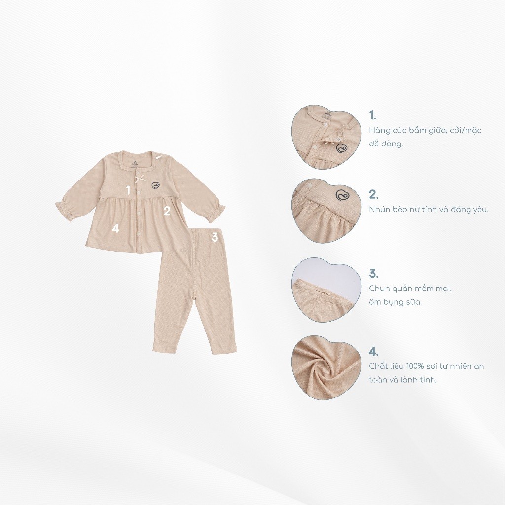 (0-12M) Bộ dài tay cài giữa nhún ngực BSR110203 Siro cho bé sơ sinh - Bubaby sơ sinh