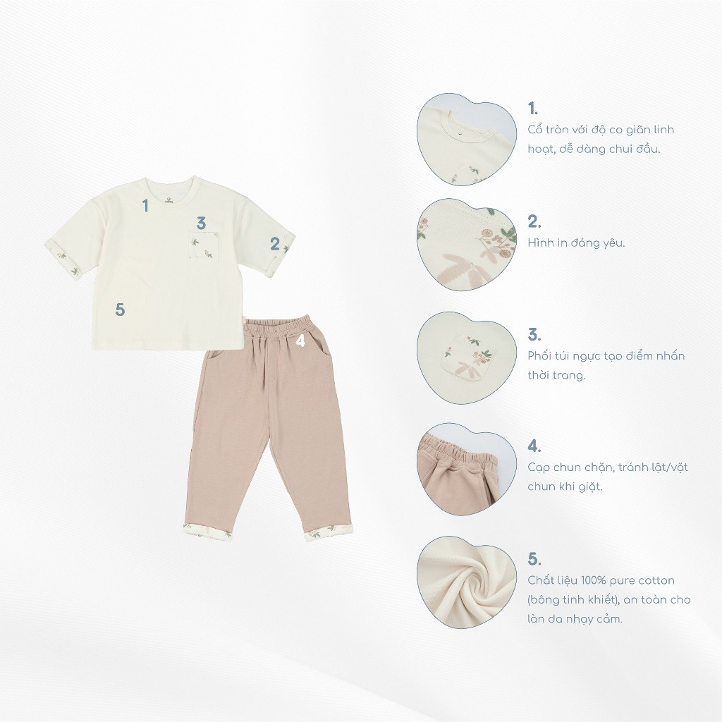 (6M-5Y) Bộ tay lỡ cổ tròn, quần dài BCT120400 Mimo cho bé gái, bé trai  - Pure Cotton | Quần áo BU Baby chính hãng