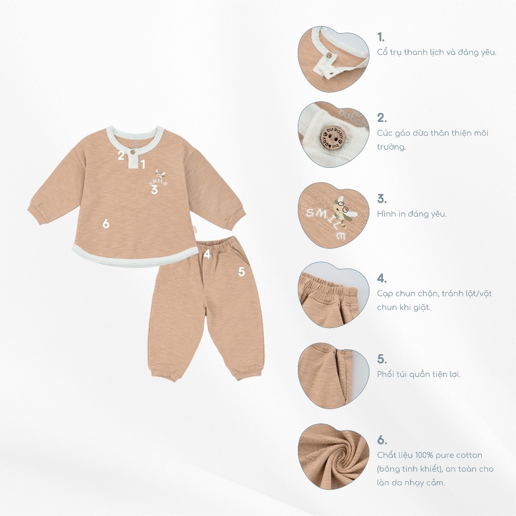 BU Baby (6M-3Y) Bộ dài tay cổ trụ Thu êm BU Siro Jacquard BU Baby SCT110301| Quần áo chính hãng