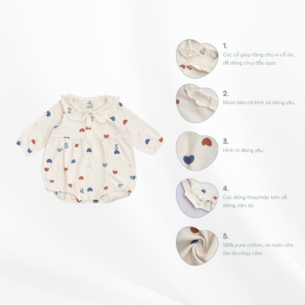 (0-12M) Body chip dài tay bèo cổ Gloute BCT213301 - Bubaby sơ sinh - bubaby bé gái