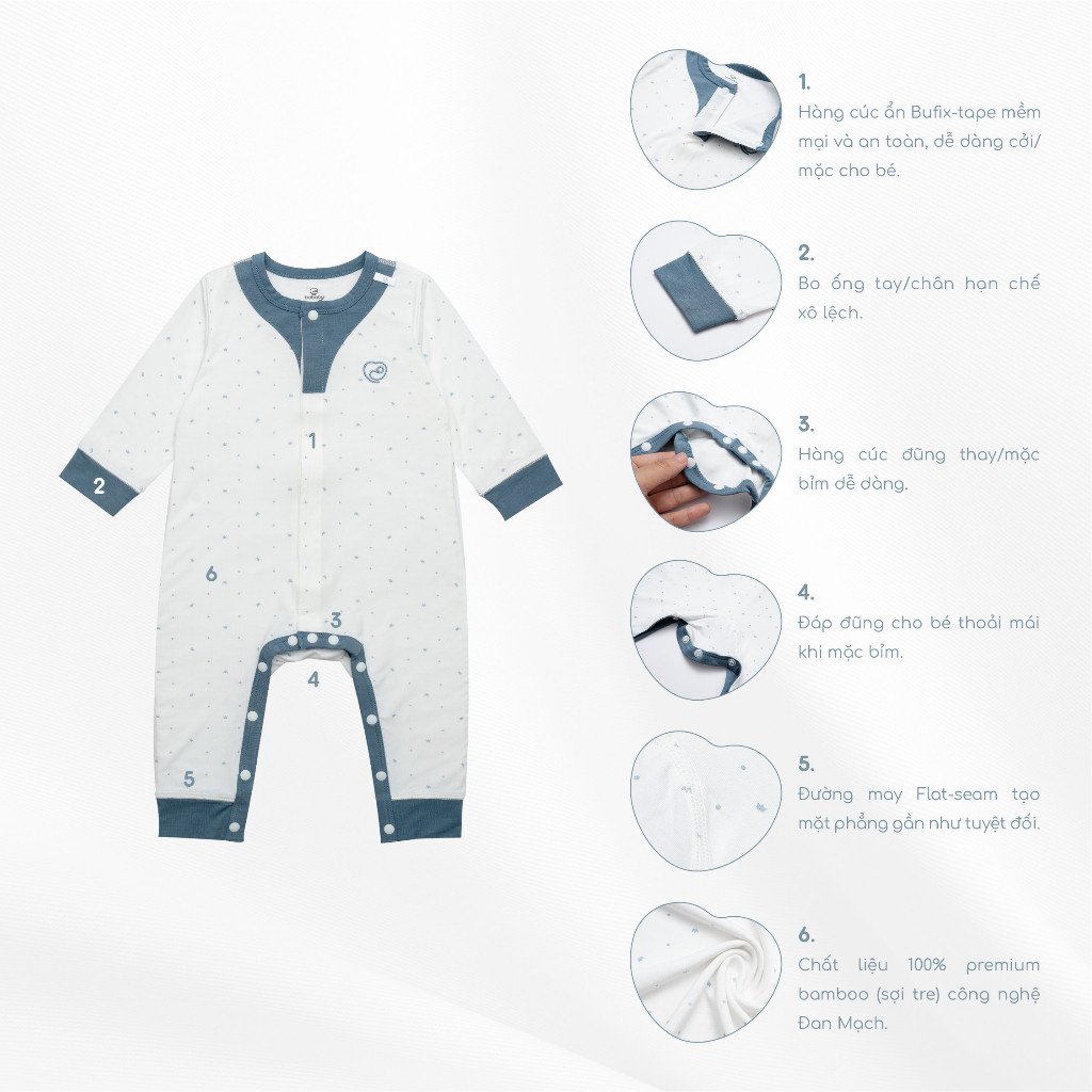 (0-12M) Body dài tay cài giữa Glory - Bambus BBB210203 - Bu baby sơ sinh