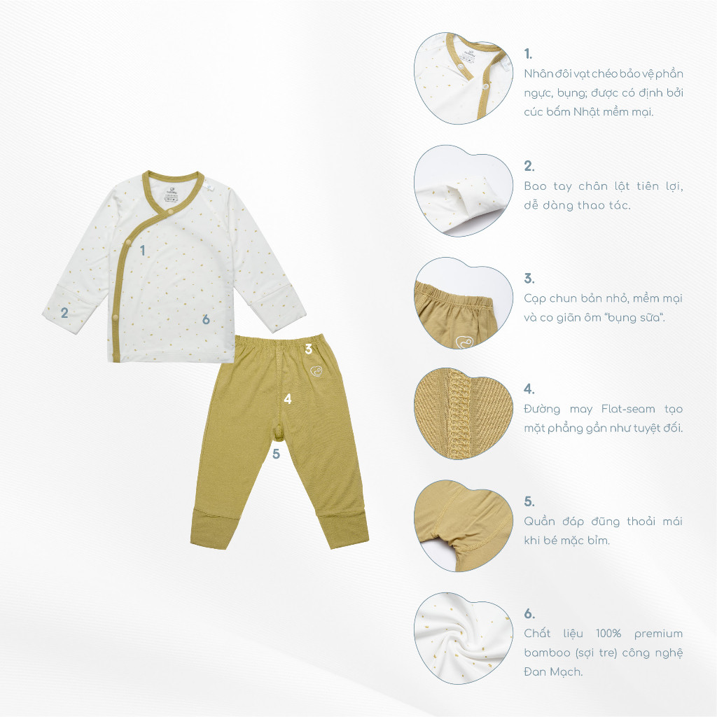 Bộ quần áo dài tay cài chéo bao tay chân lật Glory - Bambus BBB110807 | Quần áo BuBaby chính hãng
