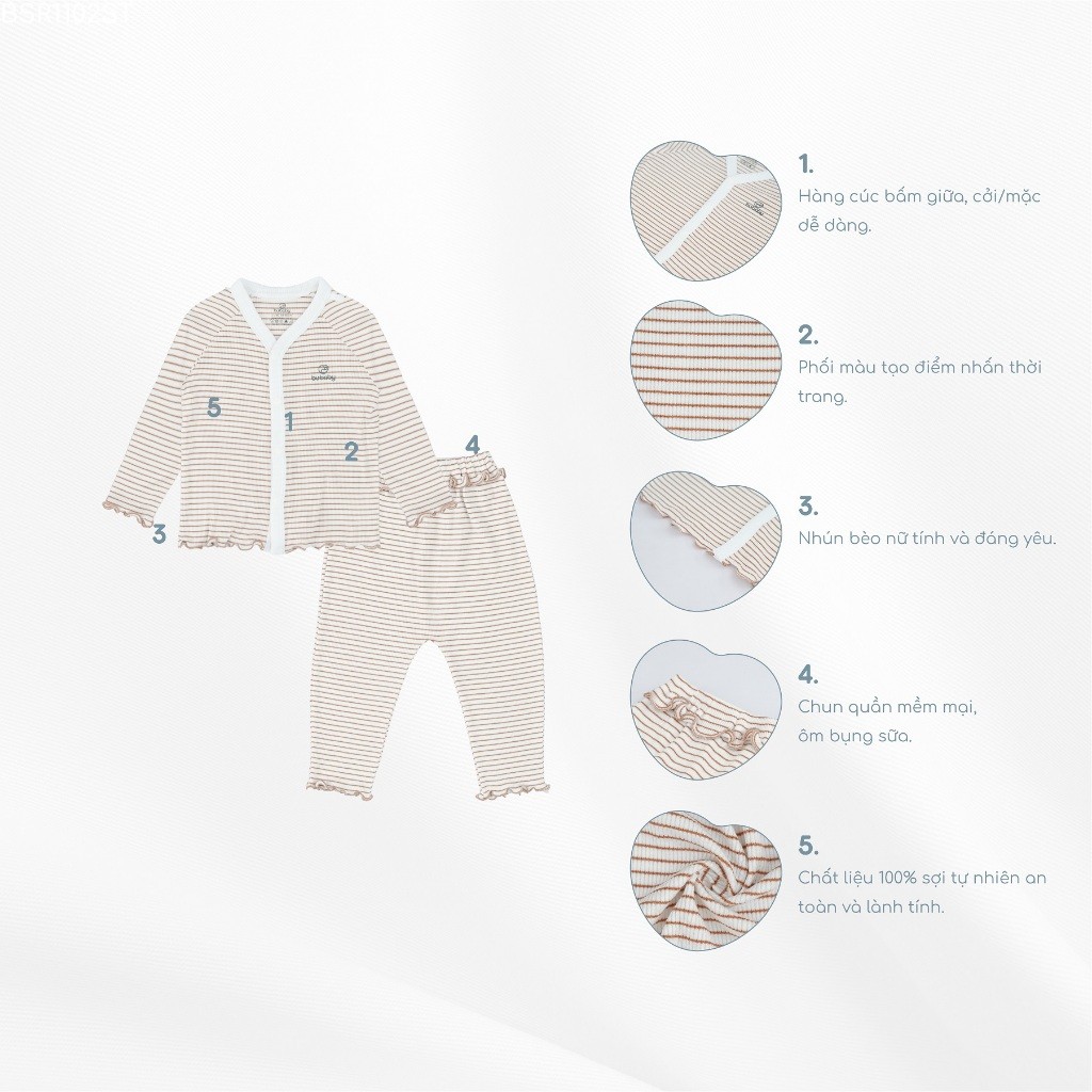 (1-12M) Bộ quần áo dài tay BSR1102ST Cài giữa bèo gấu Siro Stripy cho bé -	Bubaby sơ sinh – Quần áo Bubaby