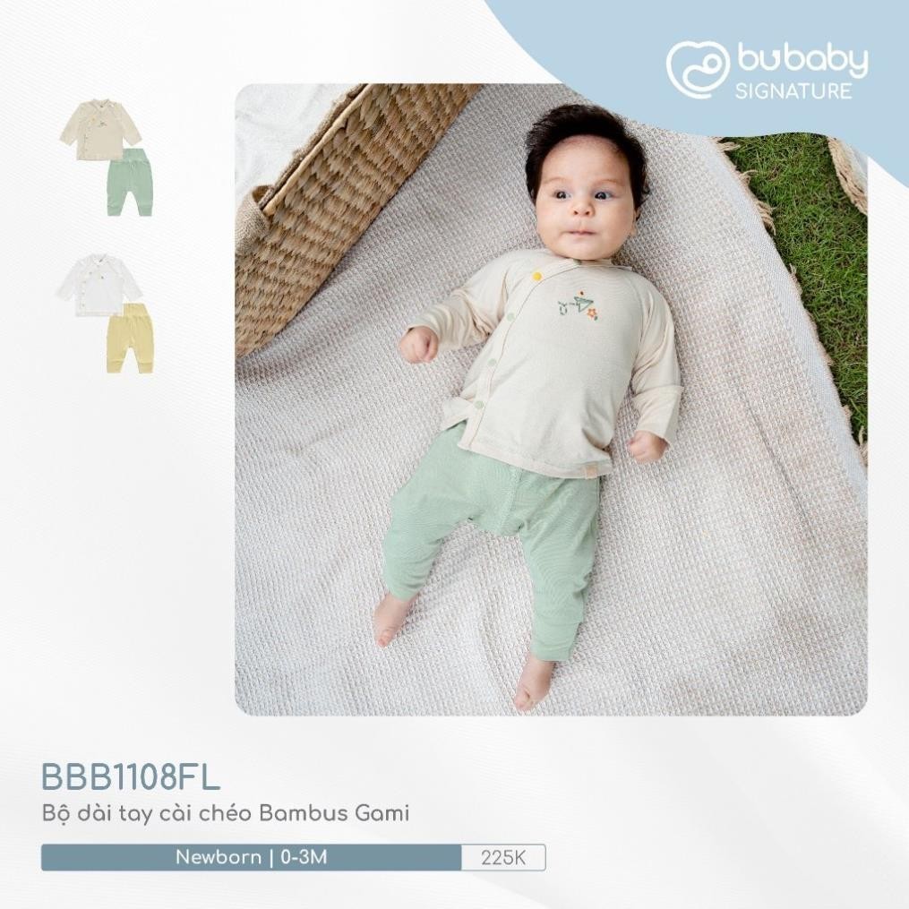 (0-3M) Bubaby BBB1108FL Bộ dài tay cài chéo Bambus Gami - Bu baby sơ sinh