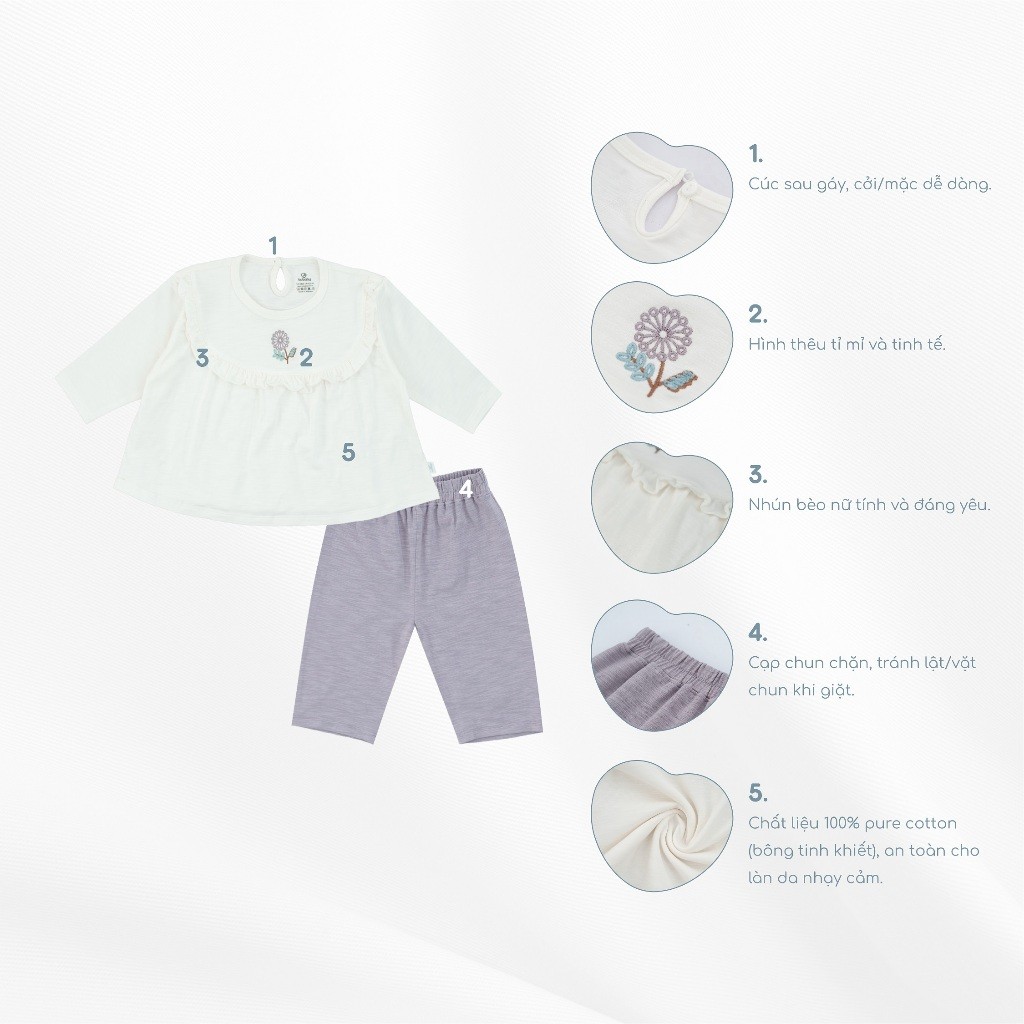 (12M-5Y) Bộ dài tay cài sau Bèo ngực BCT1110BN Cotton Slub  cho bé gái - Quần áo BU Baby chính hãng