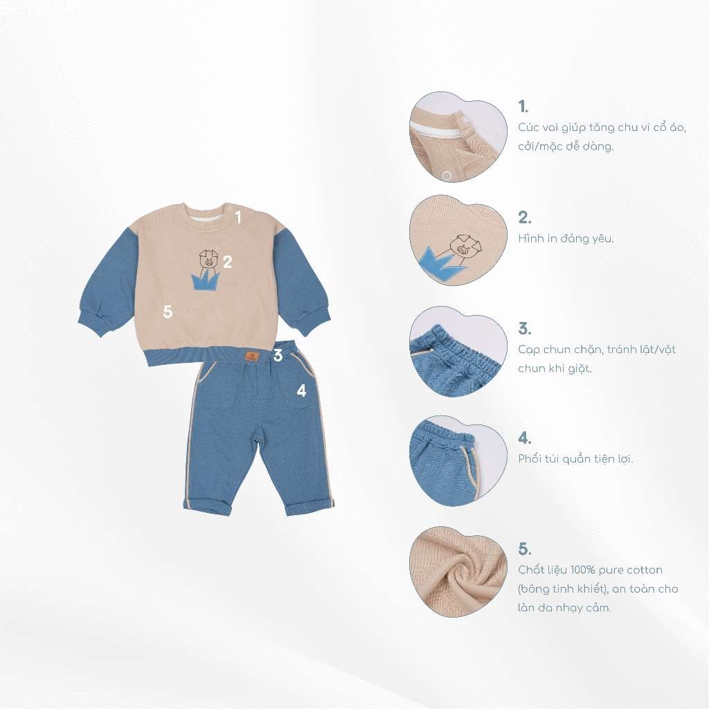 (1Y-5Y) Bộ dài tay cài vai chất nỉ ấm áp - Bộ quần áo mùa đông Bubaby - Bubaby bé trai – Bubaby bé gái – Quần áo Bubaby