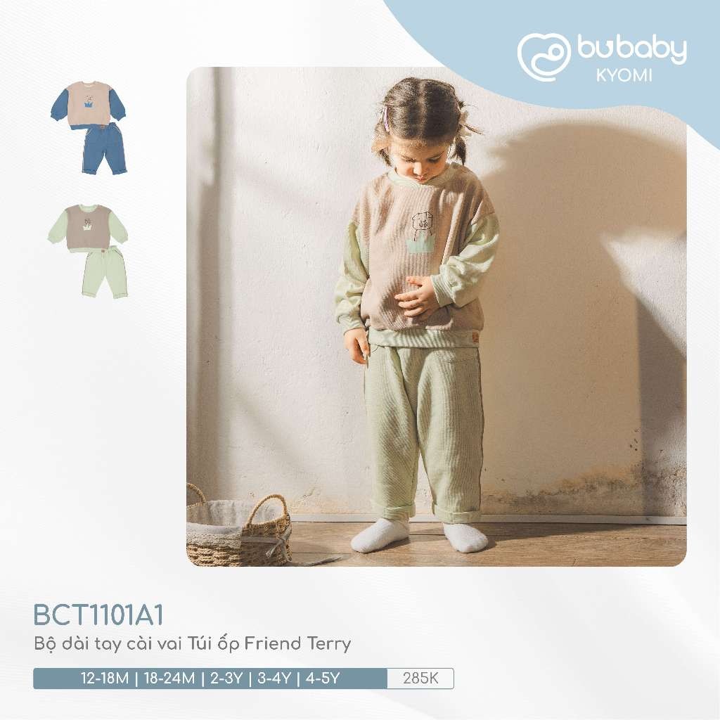 (1Y-5Y) Bộ dài tay cài vai chất nỉ ấm áp - Bộ quần áo mùa đông Bubaby - Bubaby bé trai – Bubaby bé gái – Quần áo Bubaby