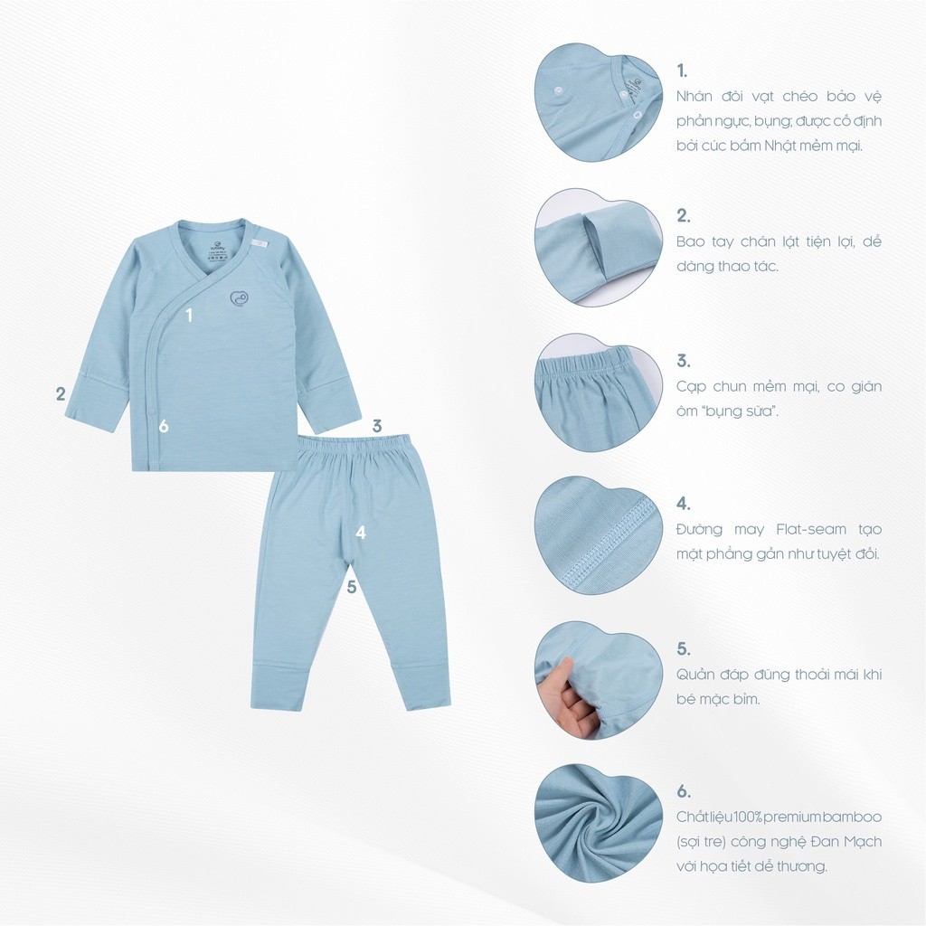(NB-Blue) Bộ quần áo dài tay cài chéo, bao tay chân lật Twinkle - Bambus BBB110800 - Quần áo BuBaby -Bubaby sơ sinh