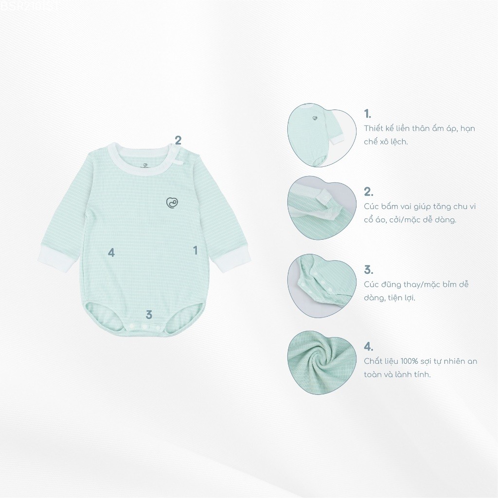 (1M-12M) Bộ đồ liền thân dài tay cài vai BSR2101ST  Siro Stripy cho bé sơ sinh -	Bubaby sơ sinh – Quần áo Bubaby