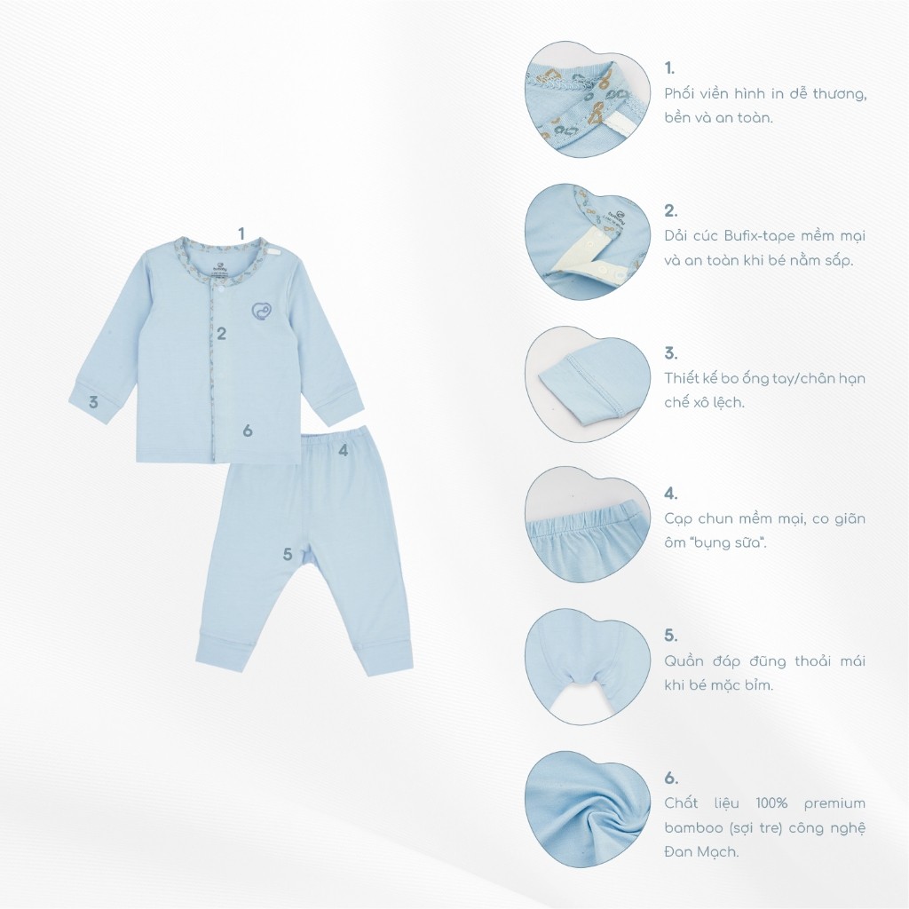Bộ dài tay cài giữa Iconic sợi tre co giãn thoải mái thuận tiện cho bé BuBaby BBB1102NS | Quần áo BuBaby chính hãng