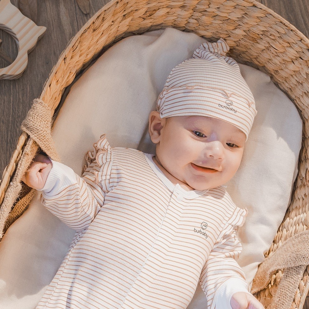 (1M-6M) Mũ nút thắt bé gái ASR1931ST Siro Stripy cho bé sơ sinh - Bubaby sơ sinh - Mũ Bubaby - Bao tay Bubaby