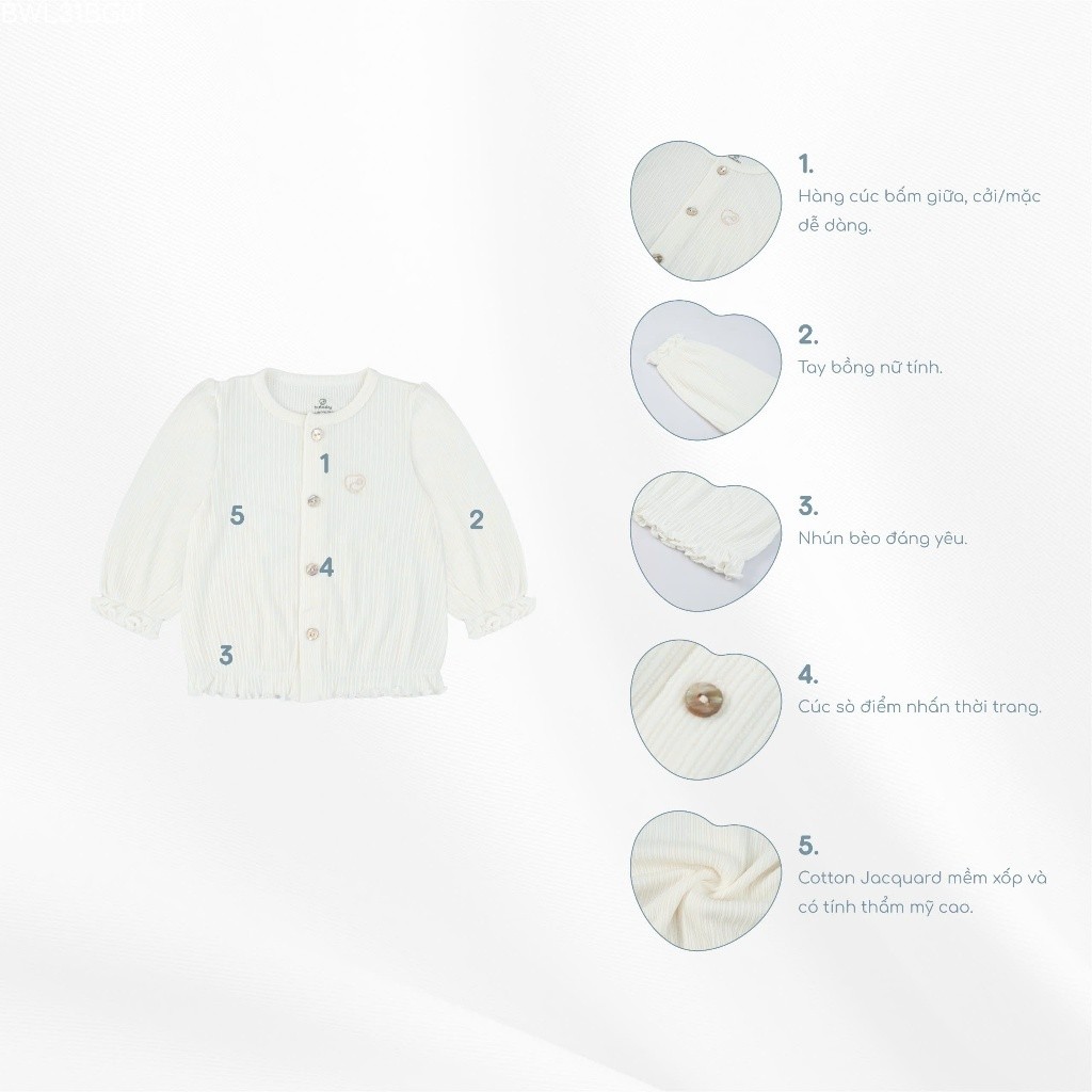 (6M-4Y) Áo cardigan dài tay bèo gấu BuBaby Lennie BWL31BG01 | Quần áo BU Baby chính hãng